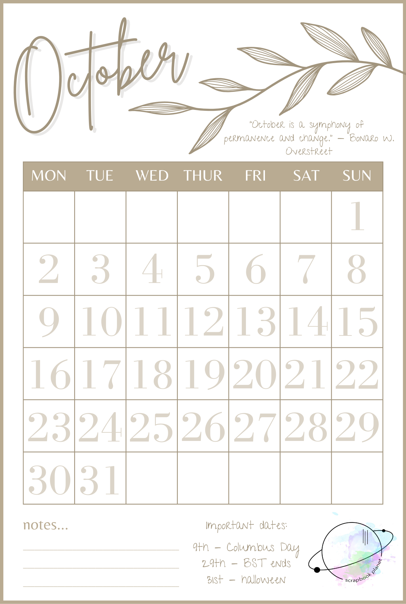 October Printable Calendar (Freebie)