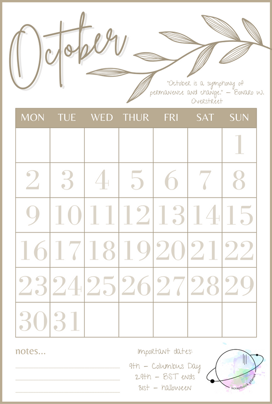 October Printable Calendar (Freebie)